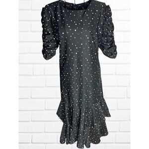 Vintage 1980s KR of NY Dress‎ Women's 7/8 Black White Polka Dot Puffy Sleeves
